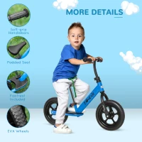 Qaba 12" Kids Balance Bike No Pedal Bicycle Adjustable Seat and Handlebar Training Toddler Bike 3 - 5 Years Blue(m-5)