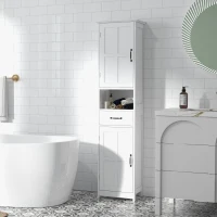 kleankin Modern Bathroom Cabinet, Narrow Bathroom Vanities with Open Shelf Drawer Recessed Doors and Adjustable Shelves White(m-8)