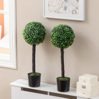HOMCOM 2ft Artificial Plants Boxwood Ball Trees Set of 2 Fake Trees in Pot for Indoor Outdoor Green