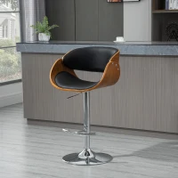 HOMCOM Modern Style Adjustable Bar Chair, PU Leather Swivel Bar Stool with Back, Footrest for Kitchen, Home Bar, Counter, Coffee Shop, Black and Walnut(m-8)