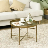 HOMCOM Vintage Coffee Table for Living Room, 24" Round Center Table with Hammered Tray Top and Metal Frame, Gold(m-8)