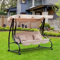 Outsunny 3-Seat Outdoor Patio Swing Chair, Converting Flat Bed, Canopy Swing with Adjustable Shade, Removable Cushions, Cup Holder, Light Brown(m-1)