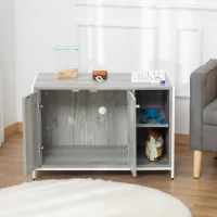 PawHut Cat Litter Box Enclosure Hidden Cat Furniture Cabinet Indoor Cat Washroom Double-door Nightstand End Table with Damping Hinge Multiple Storage Place Adjustable Partition Grey(m-9)