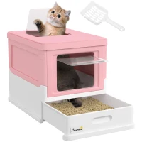PawHut Top Entry Enclosed Kitty Litter Box with Scoop, Tray, Front Entry, Large Space, Foldable, Portable, Pink(m-11)