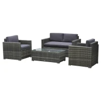 Outsunny 4 Pieces Patio Furniture Set w/ 4" Thick Cushions, PE Rattan Wicker Outdoor Sectional Sofa Set w/ Glass Top Coffee Table for Porch, Garden, Poolside, Balcony, Grey(m-2)