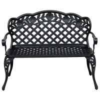 Outsunny Metal Garden Bench, 2 Seater Outdoor Patio Loveseat with Armrest and Floral Scroll Backrest, 42.1"x22.8"x33.5", Black(m-2)