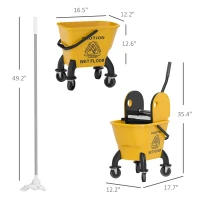 HOMCOM Mop Bucket with Wringer on Wheels for Floor Cleaning, 27.5 Quart Down Press Wringer with Handle and Mop, Yellow(m-3)