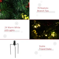 HOMCOM 2.5ft 2 Pieces Prelit Artificial Christmas Tree with LED Light Mini Xmas Tree with Small Berry Pine Needles Pinecones Decorations for Garden(m-5)