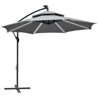 Outsunny 10FT Cantilever Patio Umbrella with Lights Solar Powered Offset Umbrella with Crank and Cross Base for Deck Light Grey(m-11)