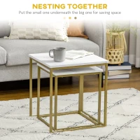 HOMCOM Square Nesting Tables Set of 2, Stacking Coffee Table Set with Faux Marbled Top and Metal Frame, Modern Coffee Table for Living Room, Bedroom, White(m-4)