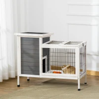 PawHut Outdoor Rabbit Hutch Wooden Bunny Hutch Rabbit Litter Box with Run,Open Roof, 36.25"L x 20"W x 30"H, Grey/White(m-8)