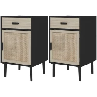 HOMCOM Boho Bedside Tables Set of 2, Nightstands with Drawer, Rattan Cabinet, Adjustable Shelf for Bedroom, Living Room, Black(m-2)