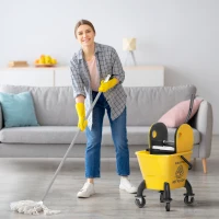 HOMCOM Mop Bucket with Wringer on Wheels for Floor Cleaning, 27.5 Quart Down Press Wringer with Handle and Mop, Yellow(m-2)
