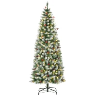 HOMCOM 6 ft Snow-Dipped Pencil Christmas Tree Pre-Lit Holiday Decoration with LED Lights Pine Cones Red Berries Green(m-2)
