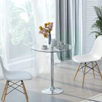 HOMCOM Round Dining Table, Modern Pub Table with Tempered Glass Top, Galvanized Metal Base, Small Dining Table, Silver(m-1)