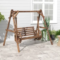 Outsunny Patio Swing Chair with A-Frame Stand, 2 Seat Wooden Porch Swing for Garden, Poolside, Backyard, Carbonized Brown(m-7)