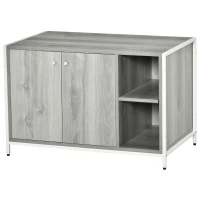 PawHut Cat Litter Box Enclosure Hidden Cat Furniture Cabinet Indoor Cat Washroom Double-door Nightstand End Table with Damping Hinge Multiple Storage Place Adjustable Partition Grey(m-11)