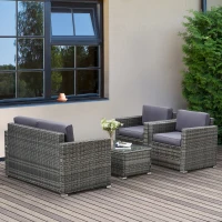 Outsunny 4 Pieces Patio Furniture Set w/ 4" Thick Cushions, PE Rattan Wicker Outdoor Sectional Sofa Set w/ Glass Top Coffee Table for Porch, Garden, Poolside, Balcony, Grey(m-1)