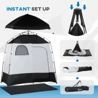 Outsunny Pop Up Shower Tent, Portable Privacy Shelter for 2 Persons, Changing Room with 2 Windows, 3 Doors, Carrying Bag, Grey and Black(m-6)