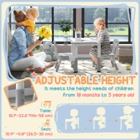 Qaba 3 Pieces Toddler Table and Chair Set, Height Adjustable Kids Table and Chair Set w/ Storage, for Playroom Grey(m-4)