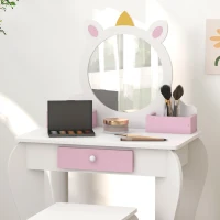 Qaba Kids Makeup Vanity Set with Stool, Mirror, Drawer, Storage Boxes, Unicorn Design, White(m-10)