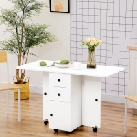 HOMCOM Foldable Dining Table, Rolling Kitchen Table with Storage Drawers and Cabinet, Drop Leaf Table on Wheels, White