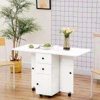 HOMCOM Foldable Dining Table, Rolling Kitchen Table with Storage Drawers and Cabinet, Drop Leaf Table on Wheels, White(m-8)