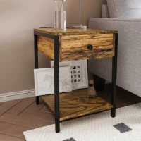HOMCOM Industrial Side Table with Storage Shelf & Drawer, Accent Table, Versatile Night Stand, for Living Room, Bedroom, Rustic Brown(m-10)