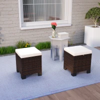 Outsunny 2 Piece Wicker Outdoor Ottomans with Cushions, Rattan Ottoman Footrest and Side Table for Patio, Yard, Poolside, Beige(m-10)