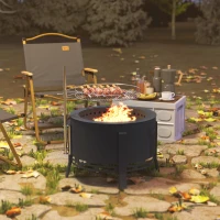 Outsunny Outdoor Fire Pit, Round Firepit with Grill Grate, Fire Bowl with Ash Catcher and Poker for Backyard Camping Bonfire Picnic, Black(m-7)