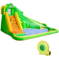 Outsunny Inflatable Water Slides, 6 in 1 Crocodile Large Bouncy House for Kids Backyard w/ Air Blower, Climbing Wall, Water Cannon, Basket(m-11)