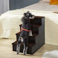 PawHut 4 Levels Wooden Dog Steps Pet Stairs for High Bed, Cat Ladder for Bed Couch with Non-Slip Carpet, Dark Coffee(m-8)