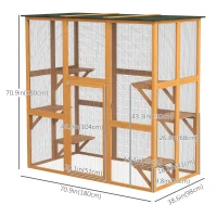 PawHut 71" x 39" x 71" Cat Cage, Large Outdoor Wooden Cat Patio with 6 Balanced Platforms and Asphalt Roof, Orange(m-3)