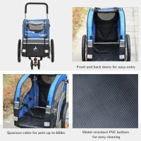 Aosom Dog Bike Trailer 2-in-1 Pet Stroller Cart Bicycle Wagon Cargo Carrier Attachment for Travel with 360° Swivel Wheel Reflectors Flag Blue(m-9)