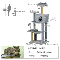 PawHut 54" Cat Tree for Larger Cats Adult with Hammock, Tal Cat Tree Tower with Scratching Post, Condo, Platforms, Play Balls for Indoor Cats, Grey(m-3)