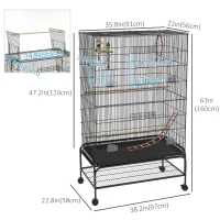 PawHut 63" Bird Cage w/ Open Top for Budgies, Cockatiels, Lovebirds Finches, Stand, Toys, Removable Tray, Storage Shelf(m-3)