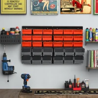 DURHAND Wall Mounted Storage Bin Rack Tool Organizer with 30 Bins, Pegboard for Garage Workshops Red(m-8)