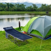 Outsunny Folding Camping Cot with Mat & Pillow, Double Layer Oxford Heavy Duty Sleeping Cot with Carry Bag Blue