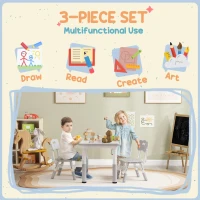 Qaba 3 Pieces Toddler Table and Chair Set, Height Adjustable Kids Table and Chair Set w/ Storage, for Playroom Grey(m-5)