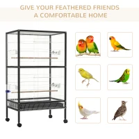 PawHut Bird Cage Conure Parrot Budgie Cage with Bird Perch & Wheels, Black and White(m-4)