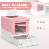 PawHut Top Entry Enclosed Kitty Litter Box with Scoop, Tray, Front Entry, Large Space, Foldable, Portable, Pink(m-4)