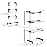 HOMCOM Foldable Clothes Drying Rack, 4-Tier Steel Laundry Rack for Drying Clothes with 2 Side Wings and 4 Castors, Indoor and Outdoor Use, Black(m-3)