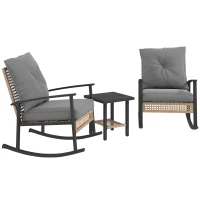 Outsunny 3 Pieces Bistro Set, Patio Wicker Furniture Set with Button Tufted Cushions, Rattan Rocking Chairs, Coffee Table, Gray(m-1)