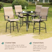 Outsunny 5 Pieces Patio Furniture Set, Outdoor Garden Conversation Set with Tempered Glass Table, 4 Swivel Chairs and Umbrella Hole, Brown(m-4)