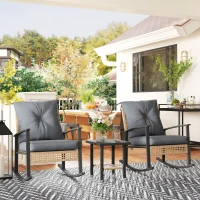 Outsunny 3 Pieces Bistro Set, Patio Wicker Furniture Set with Button Tufted Cushions, Rattan Rocking Chairs, Coffee Table, Gray(m-9)