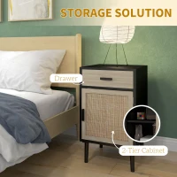 HOMCOM Boho Bedside Tables Set of 2, Nightstands with Drawer, Rattan Cabinet, Adjustable Shelf for Bedroom, Living Room, Black(m-5)