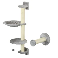 PawHut 4PCs Cat Wall Shelves with Hammock, Scratching Post, Ladder, Steps, Platforms, Toy Balls, Grey(m-9)