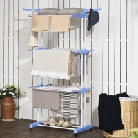 HOMCOM Foldable Clothes Drying Rack, 4-Tier Steel Laundry Rack for Drying Clothes with 2 Side Wings and 4 Castors, Indoor and Outdoor Use, Blue(m-8)
