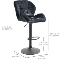 HOMCOM Bar Stool Set of 2 Fabric Adjustable Height Armless Upholstered Counter Chairs with Swivel Seat, Black(m-3)