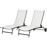 Outsunny 2PCs Lounge Chairs with Wheels, 5-Level Adjustable Backrest for Garden, Backyard, Patio, Deck, Poolside, White(m-2)